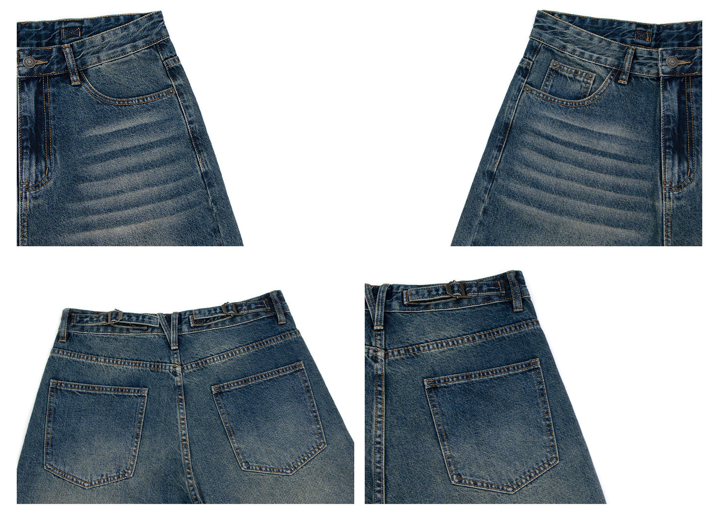 Washed Whisker Adjustable Waist Straight Denim Jeans WN26284