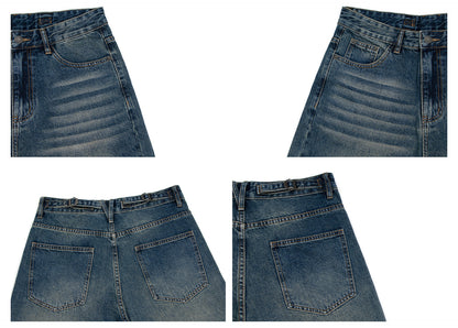 Washed Whisker Adjustable Waist Straight Denim Jeans WN26284