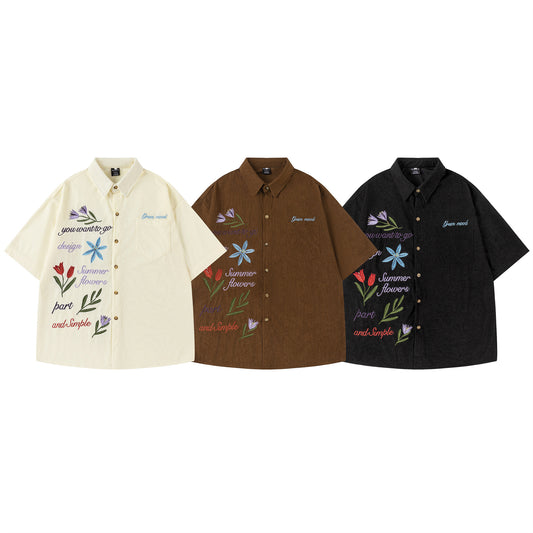 Corduroy Floral Embroidery Short Sleeve Shirt WN26835