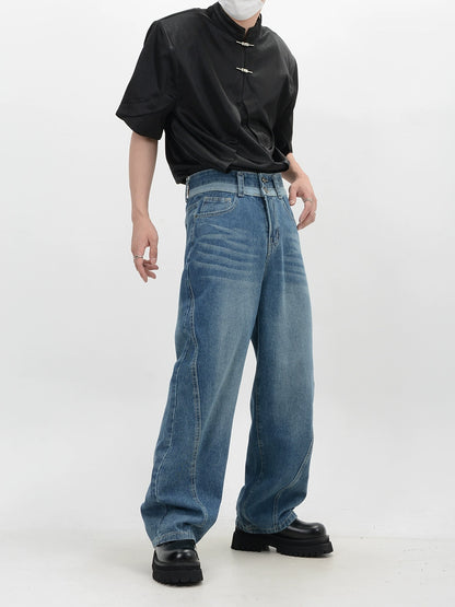 Washed Double Waist Straight Denim Jeans WN6115
