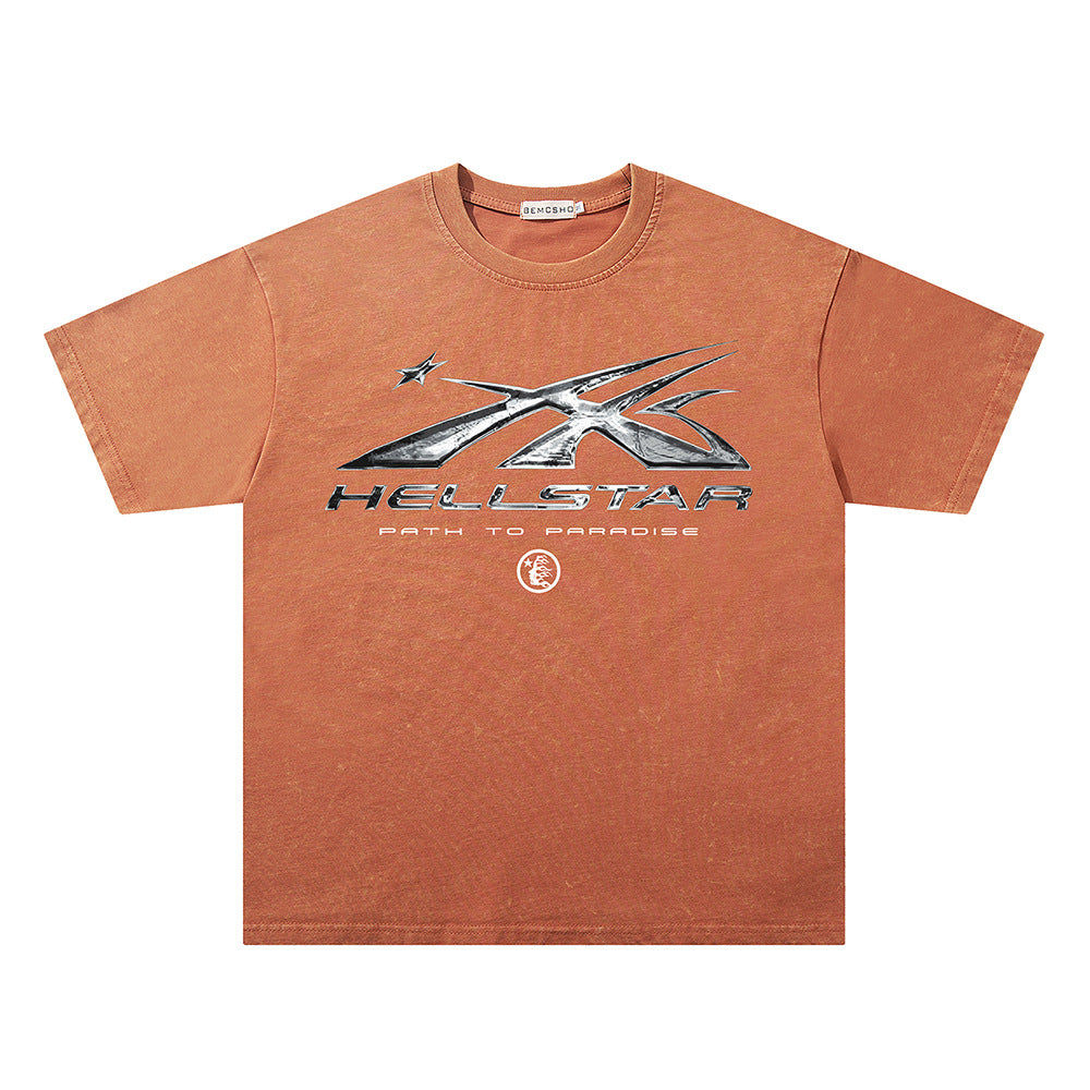 Washed Metal Letter Star Print Short Sleeve T-Shirt WN26912