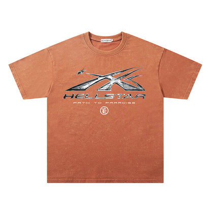 Washed Metal Letter Star Print Short Sleeve T-Shirt WN26912