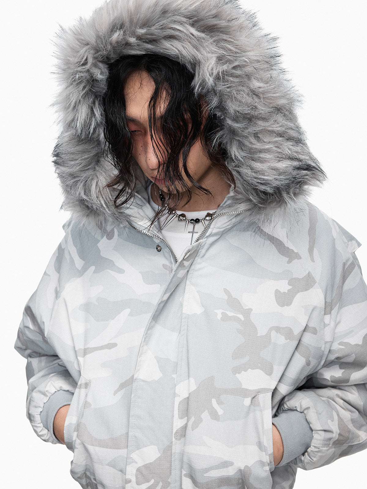 Camouflage Fake Fur Collar Cropped Puffer Jacket WN27364