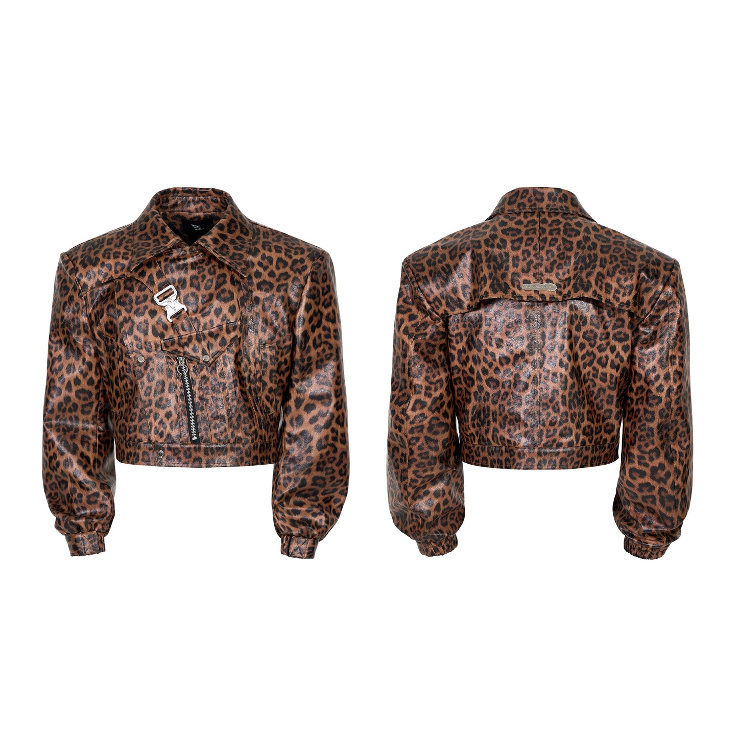 Metal Buckle Leopard PU Leather Short Jacket WN22162