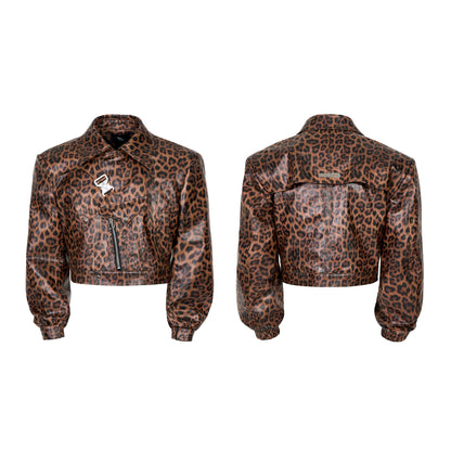 Metal Buckle Leopard PU Leather Short Jacket WN22162