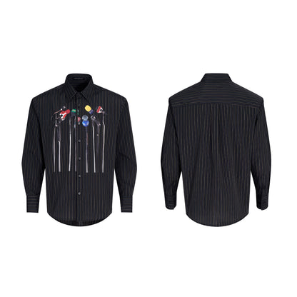 Striped Art Print Shoulder-Pad Long Sleeve Shirt WN21774