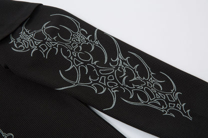 PU Leather Collar Thorn Print Fake Layered Long Sleeve Polo Shirt WN25550