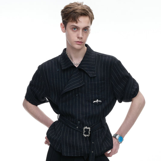 Asymmetric Stripe Waist-Tie Metal Buckle Short Sleeve Shirt WN27031