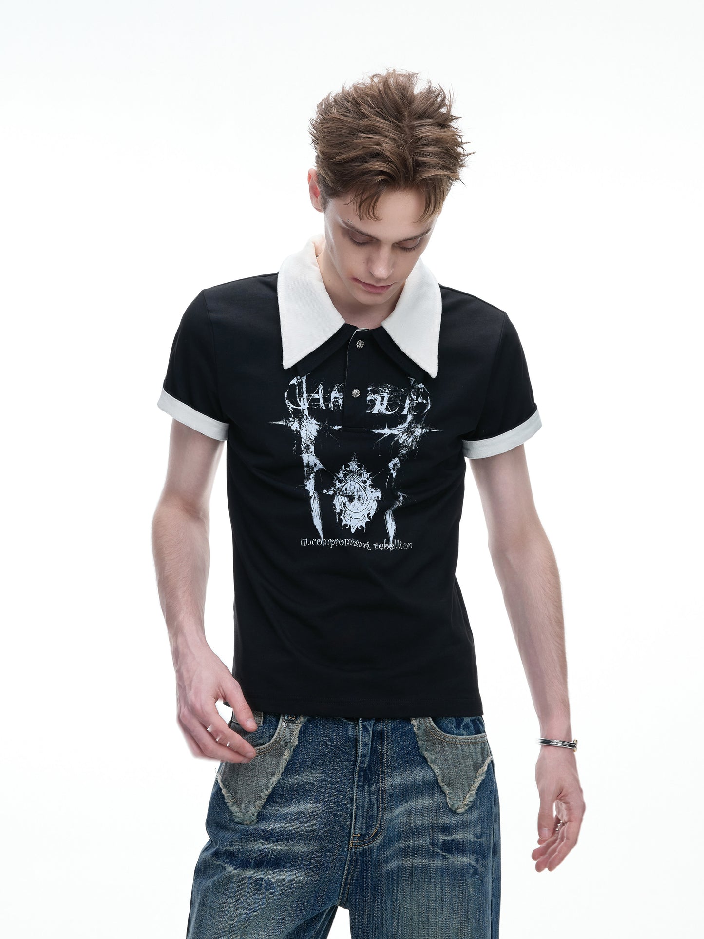 Contrast Print Double-Collar Heavyweight Short Sleeve Polo Shirt WN27034