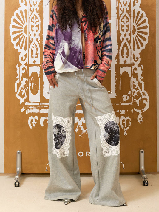 Lace Trim Sequin Print Wide Leg Flare Sweatopants WN19017