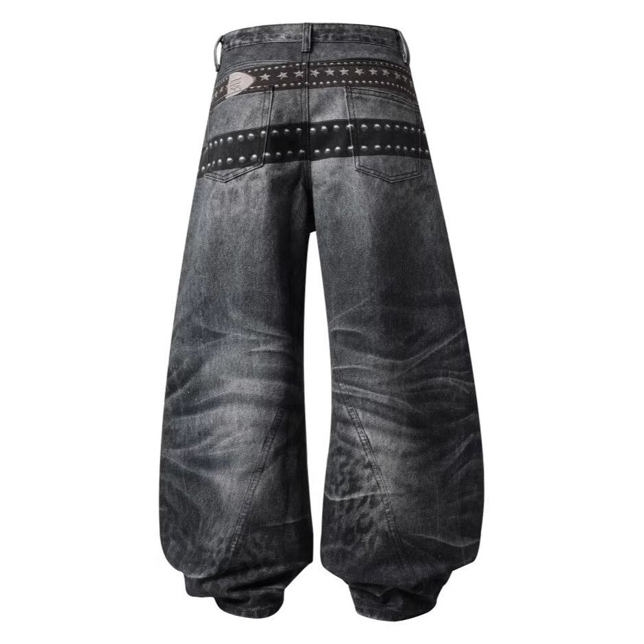 Studs Detail Washed Wide Leg Denim Jeans WN28036
