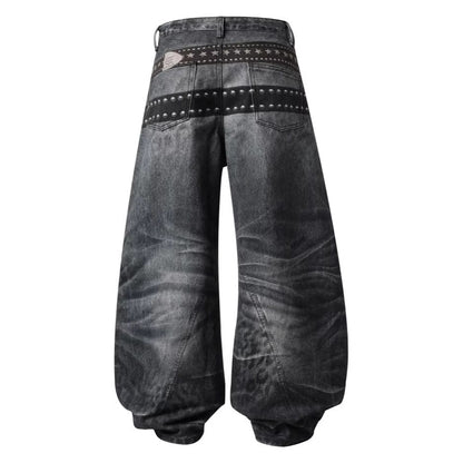 Studs Detail Washed Wide Leg Denim Jeans WN28036