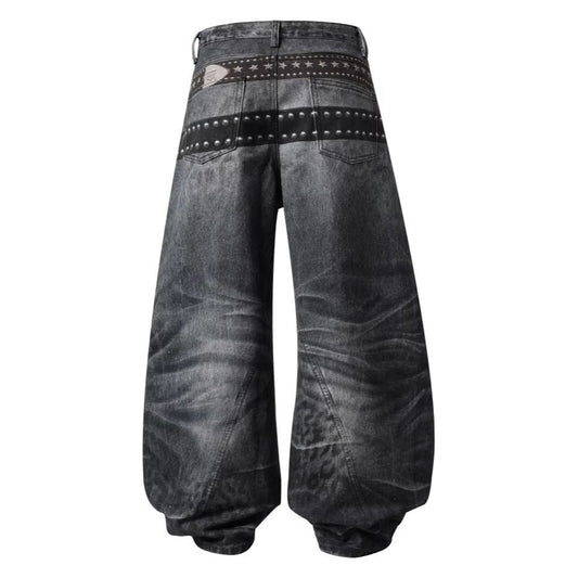 Studs Detail Washed Wide Leg Denim Jeans WN28036