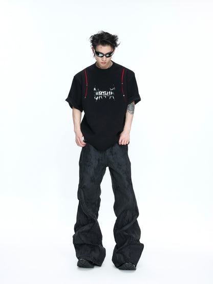 Deconstruction Liquid Print Contrast Panel Rivet Short Sleeve T-Shirt WN26976