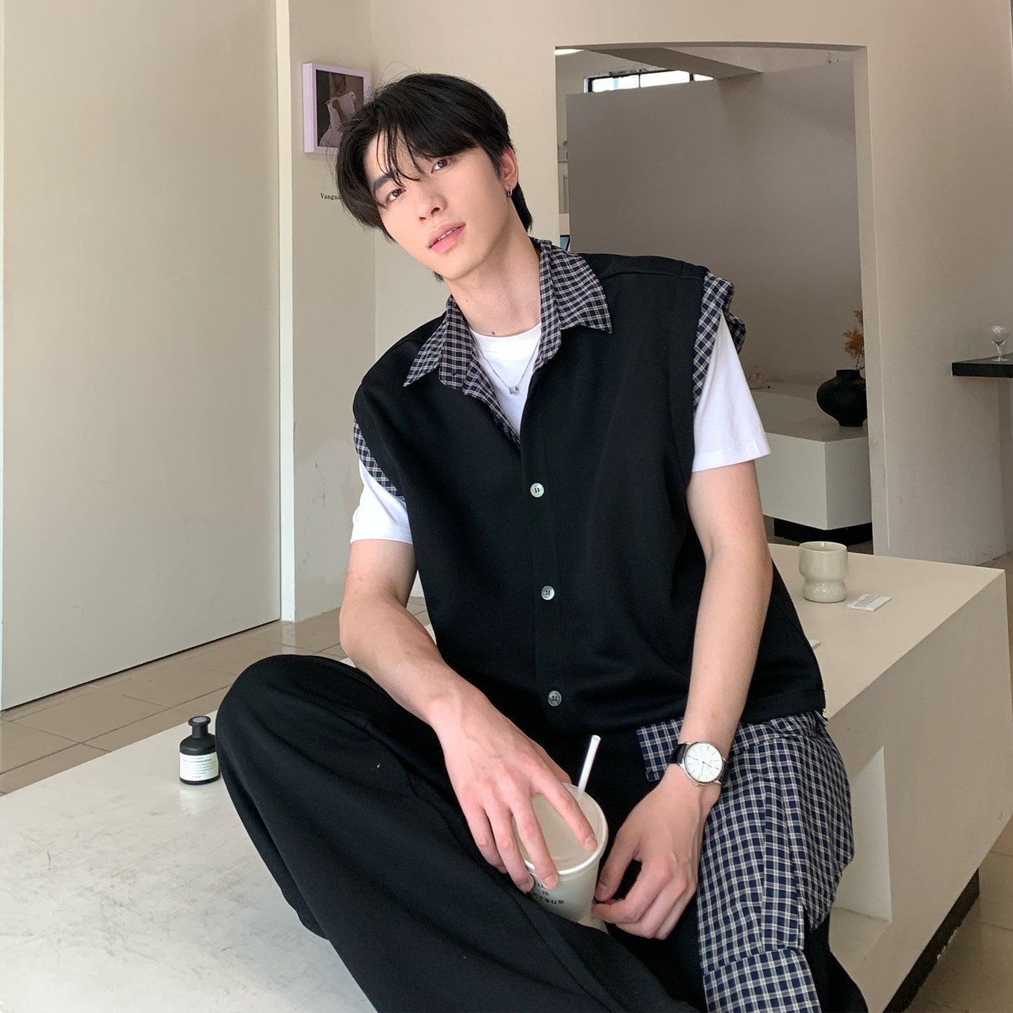 Check Layered Knit Vest & Wide Leg Sweatpants Setup WN25034