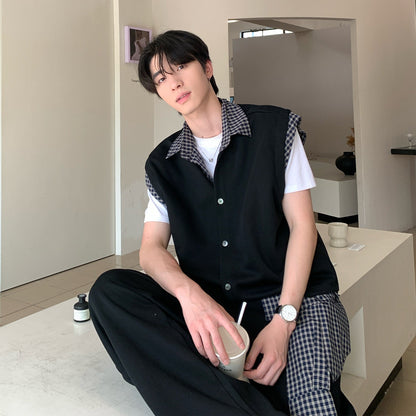Check Layered Knit Vest & Wide Leg Sweatpants Setup WN25034
