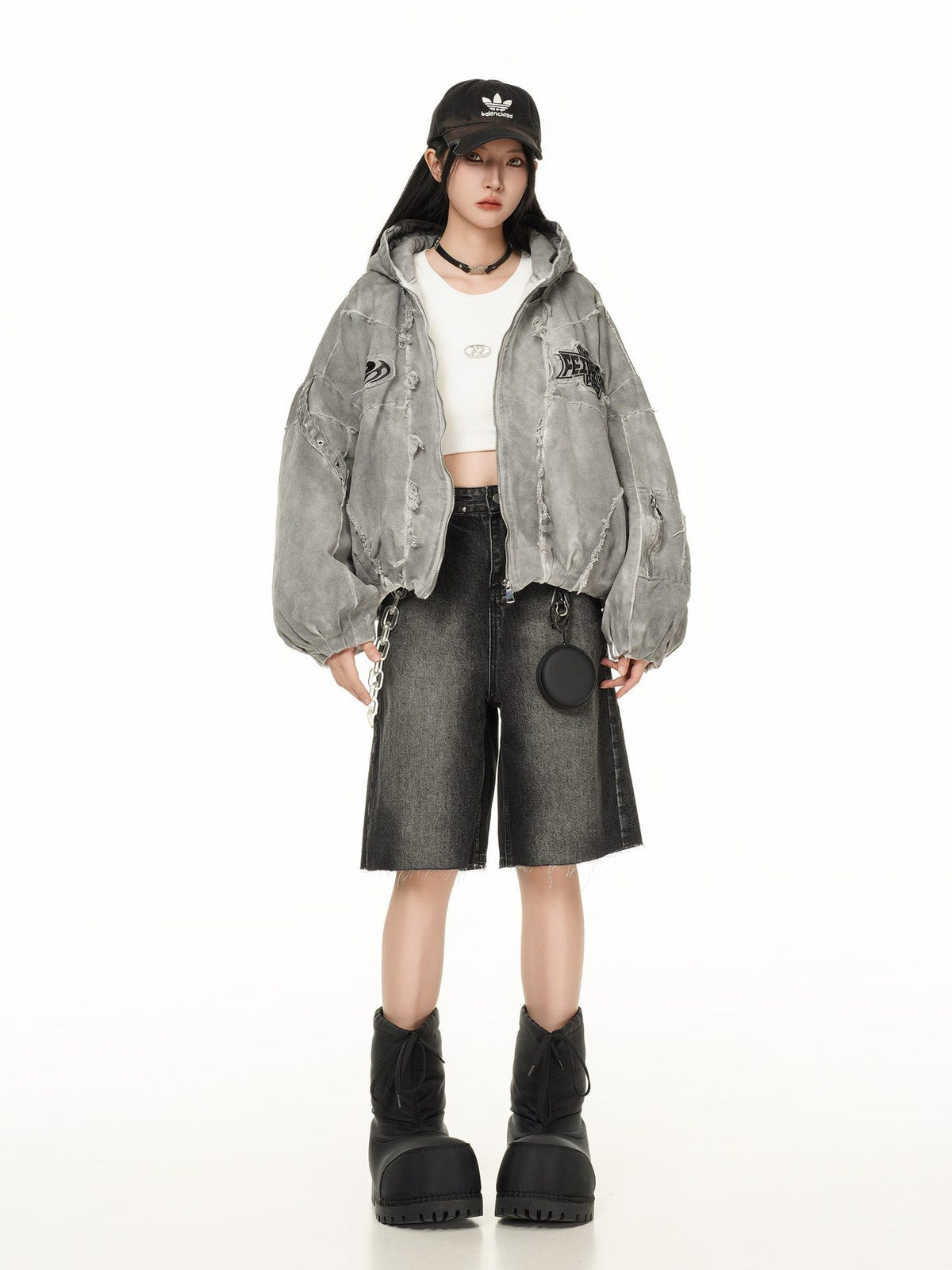 Washed Graphic Pocket Detail Hooded Jacket WN27967