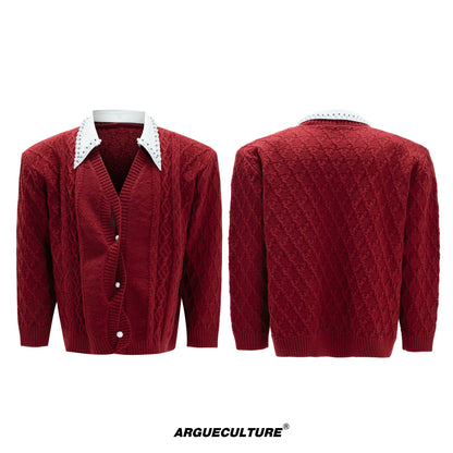 Fake Layered Pearl Embellished Lapel Thick Knit Cardigan WN21722