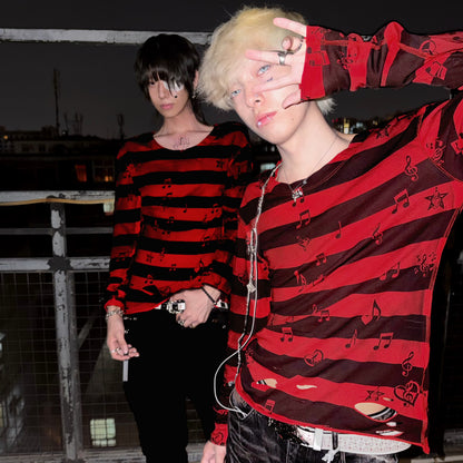 Stripe Music Note Graphic Print Long Sleeve T-Shirt WN27410