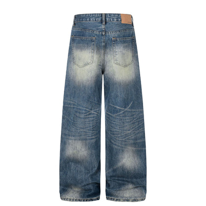 Washed Whisker Damage Wide Leg Denim Jeans WN26008