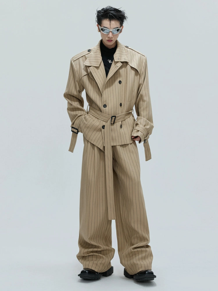 Stripe Multi-Panel Shoulder-Pad Belted Jacket & Trousers Setup WN21729