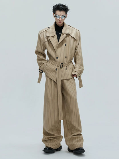 Stripe Multi-Panel Shoulder-Pad Belted Jacket & Trousers Setup WN21729