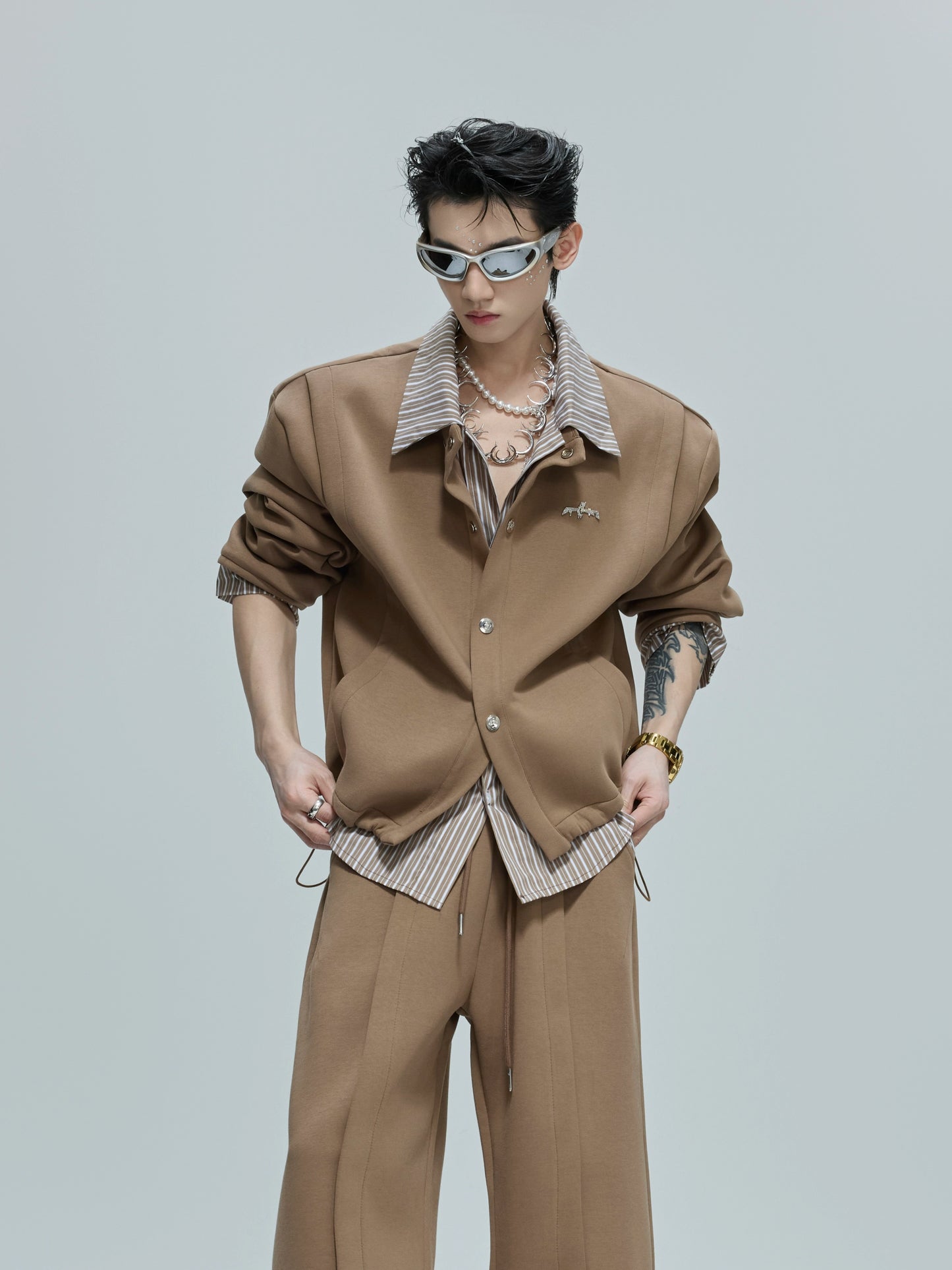 Striped Fake Layered Jacket & Flare Pants Setup WN21755