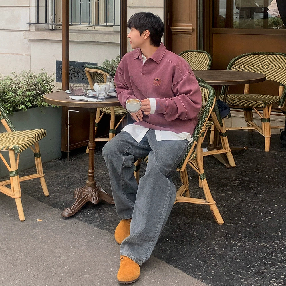 Embroidered Lapel Pullover Long Sleeve Polo Shirt WN20242