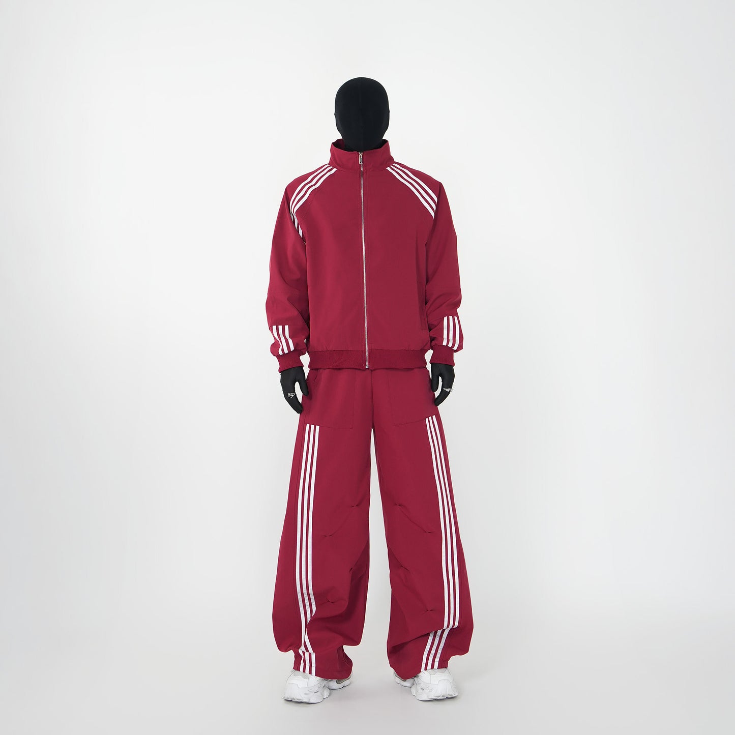 Three-Stripe Stand Neck Water-Repellent Jacket & Curved Wide Leg Pants Setup WN24142