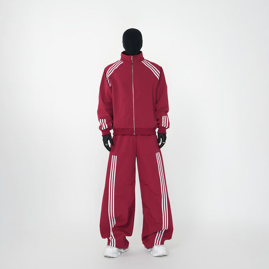 Three-Stripe Stand Neck Water-Repellent Jacket & Curved Wide Leg Pants Setup WN24142