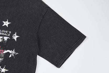 Washed Portrait Letter Print Short Sleeve T-Shirt WN25399