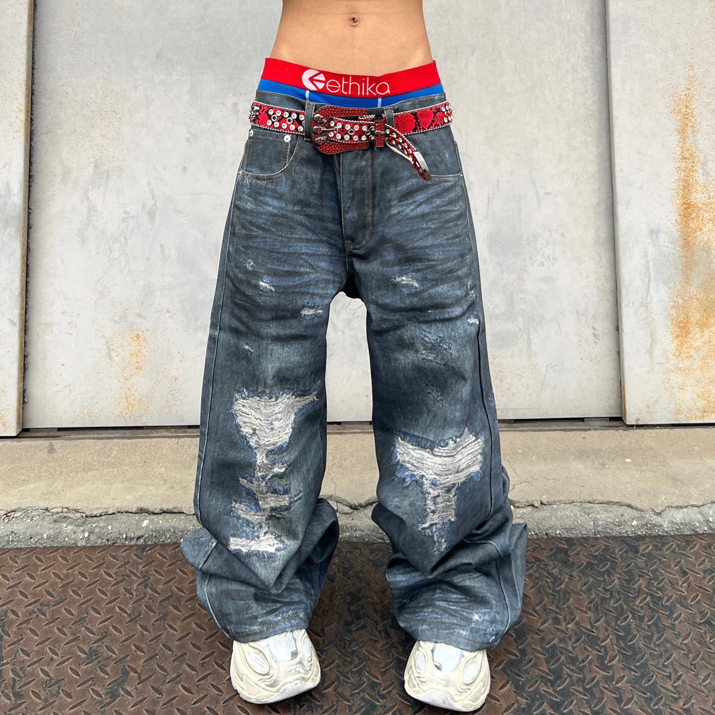 Damage Washed Wide Leg Denim Jeans WN24034