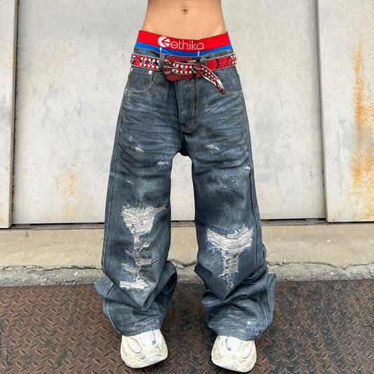 Damage Washed Wide Leg Denim Jeans WN24034