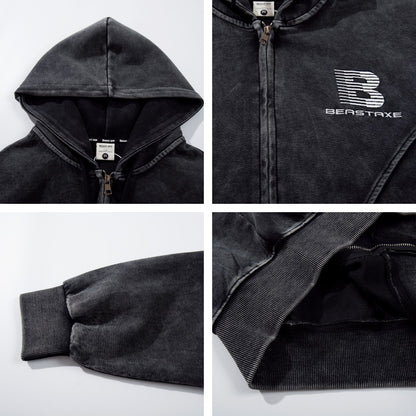 Washed Embroidery Zipper Hoodie WN11234