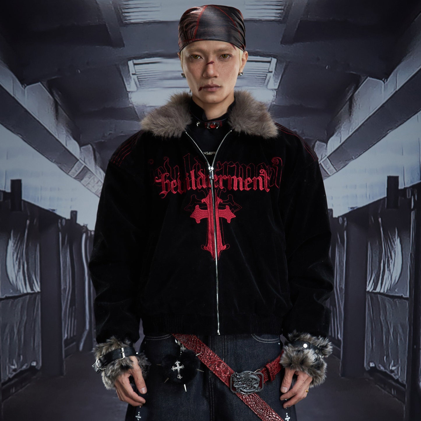 Cross Embroidery Fur Collar Oversize Padded Jacket WN22853