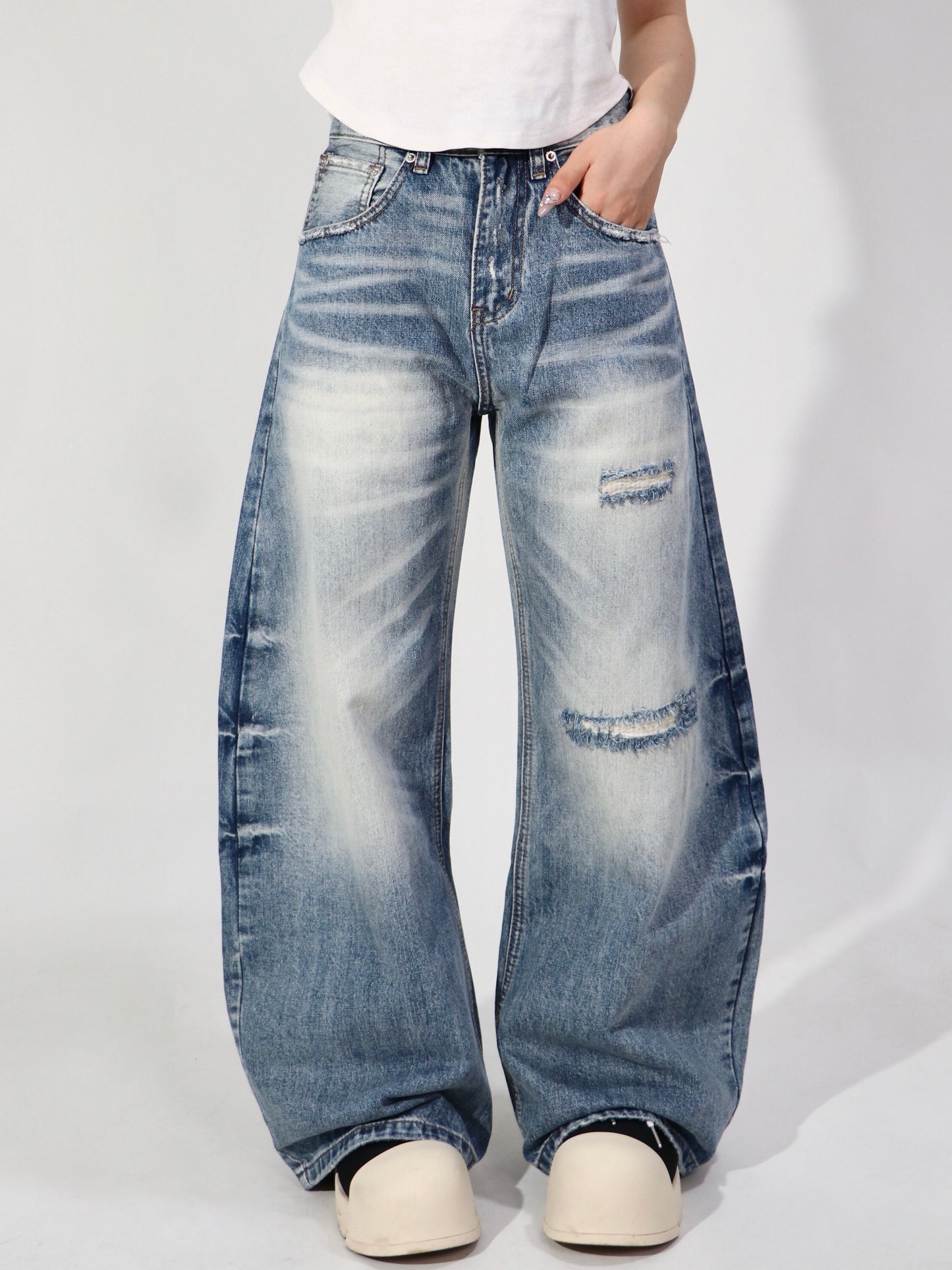 Whisker Washed Gradient Curved Wide Leg Denim Jeans WN24109