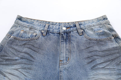 Whisker Washed Wide Leg Denim Half Jeans WN25946