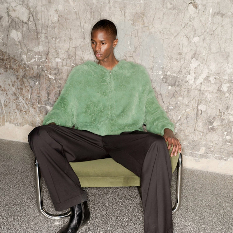 Oversize Zipper Fake Fur Short Knit Hoodie WN21319