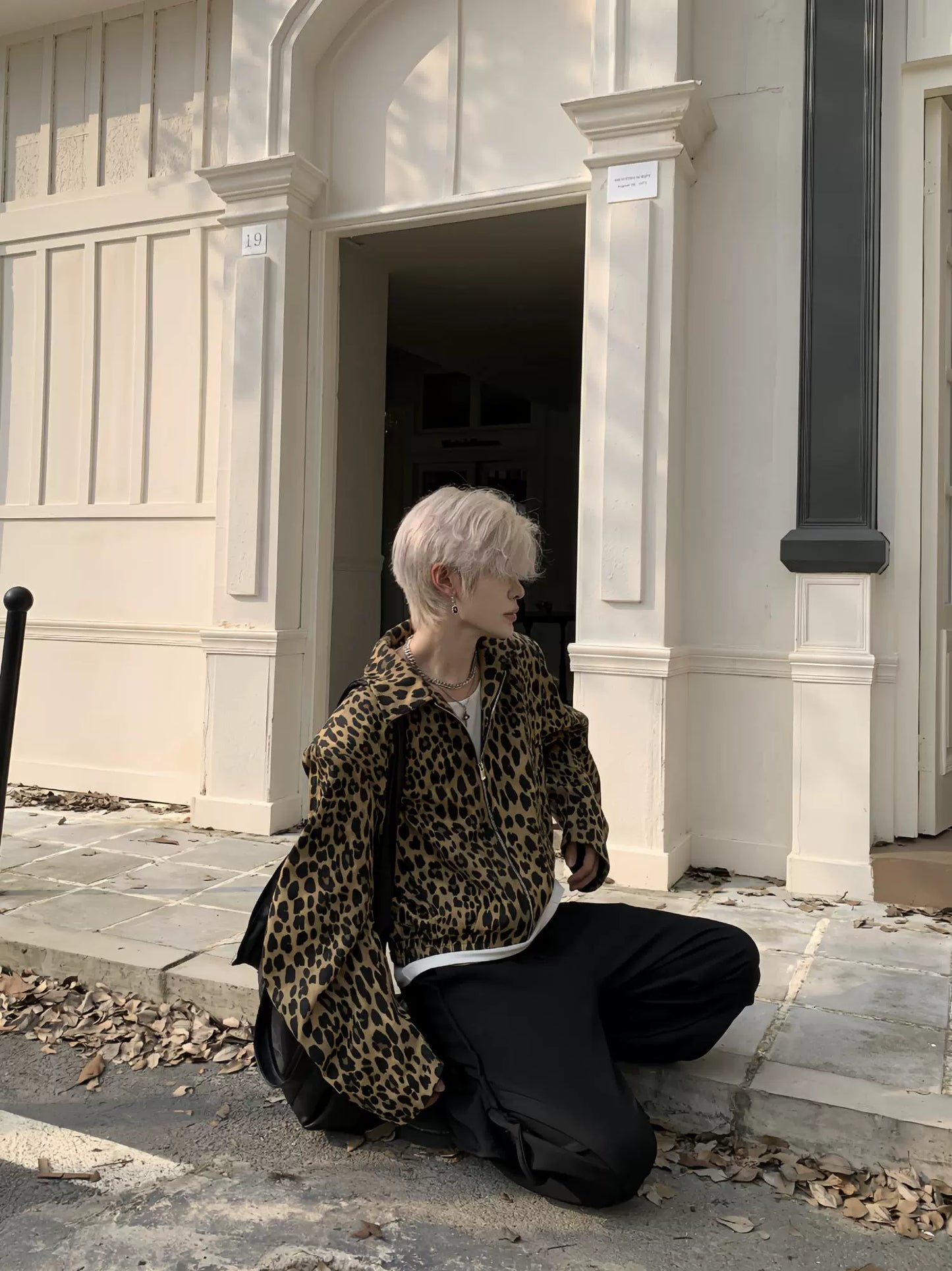 Leopard Print Curved Sleeve Short Zipper Jacket WN19916