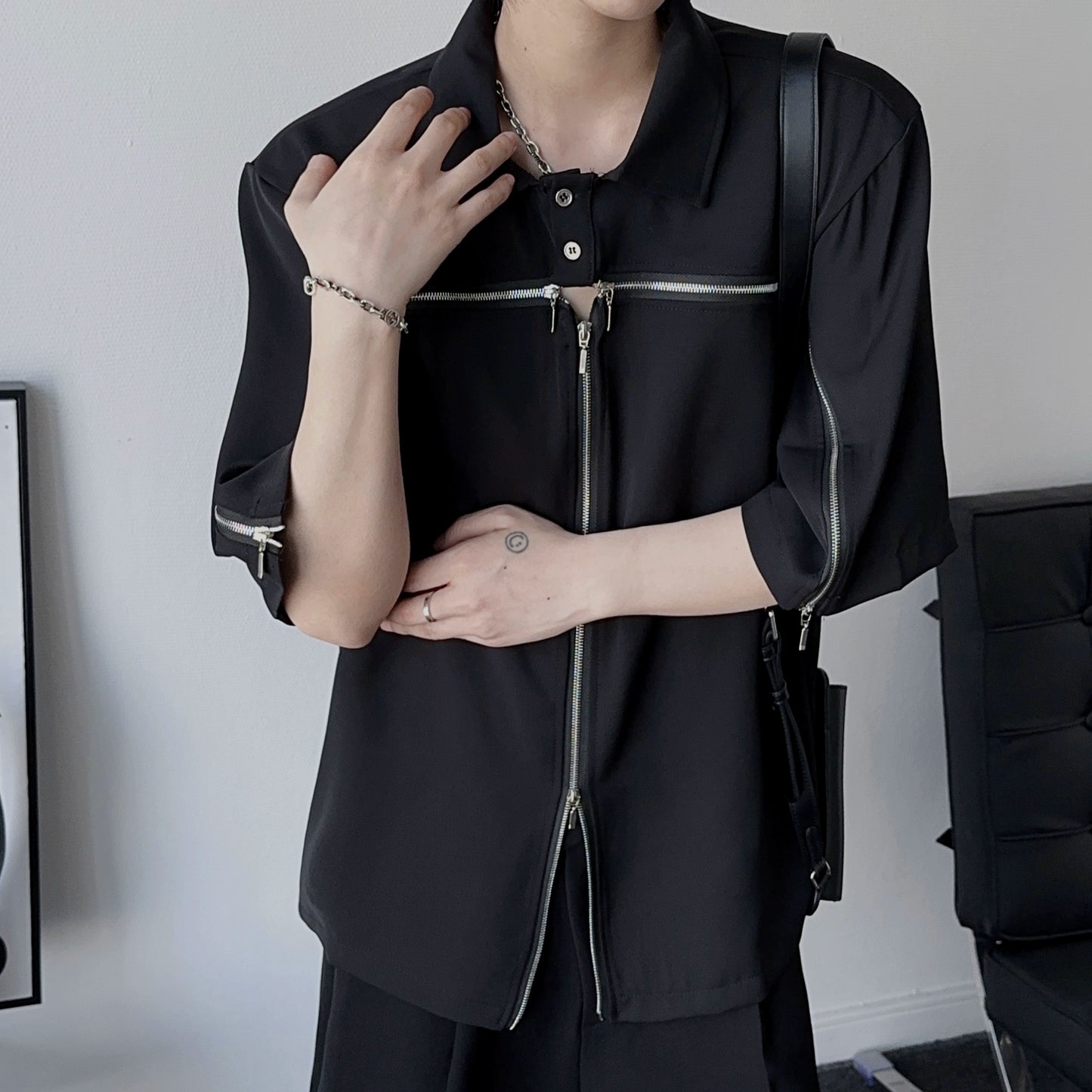 Zipper Design Oversize Short Sleeve Polo Shirt WN19338