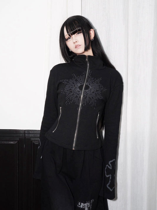 Cross Print Standing-Collar Zipper Short Jacket WN22168