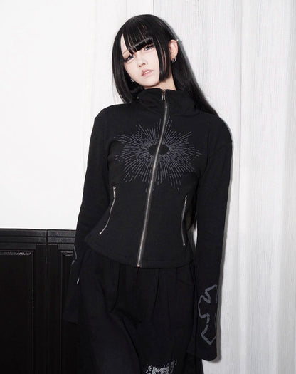 Cross Print Standing-Collar Zipper Short Jacket WN22168