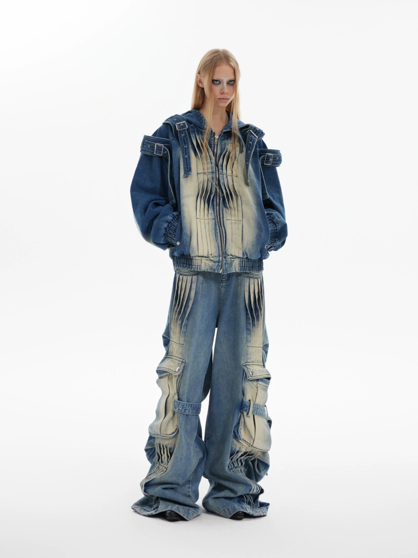 Heavyweight Zipper Denim Hooded Jacket & Wide Leg Denim Jeans Setup WN8685