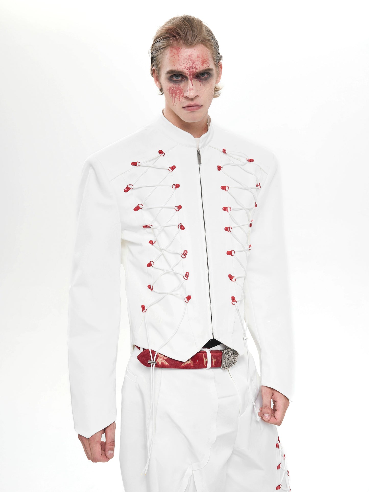 Drawstring Design Stand Neck Short Jacket & Wide Leg Trousers Setup WN20508