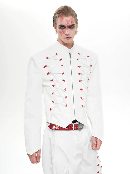 Drawstring Design Stand Neck Short Jacket & Wide Leg Trousers Setup WN20508