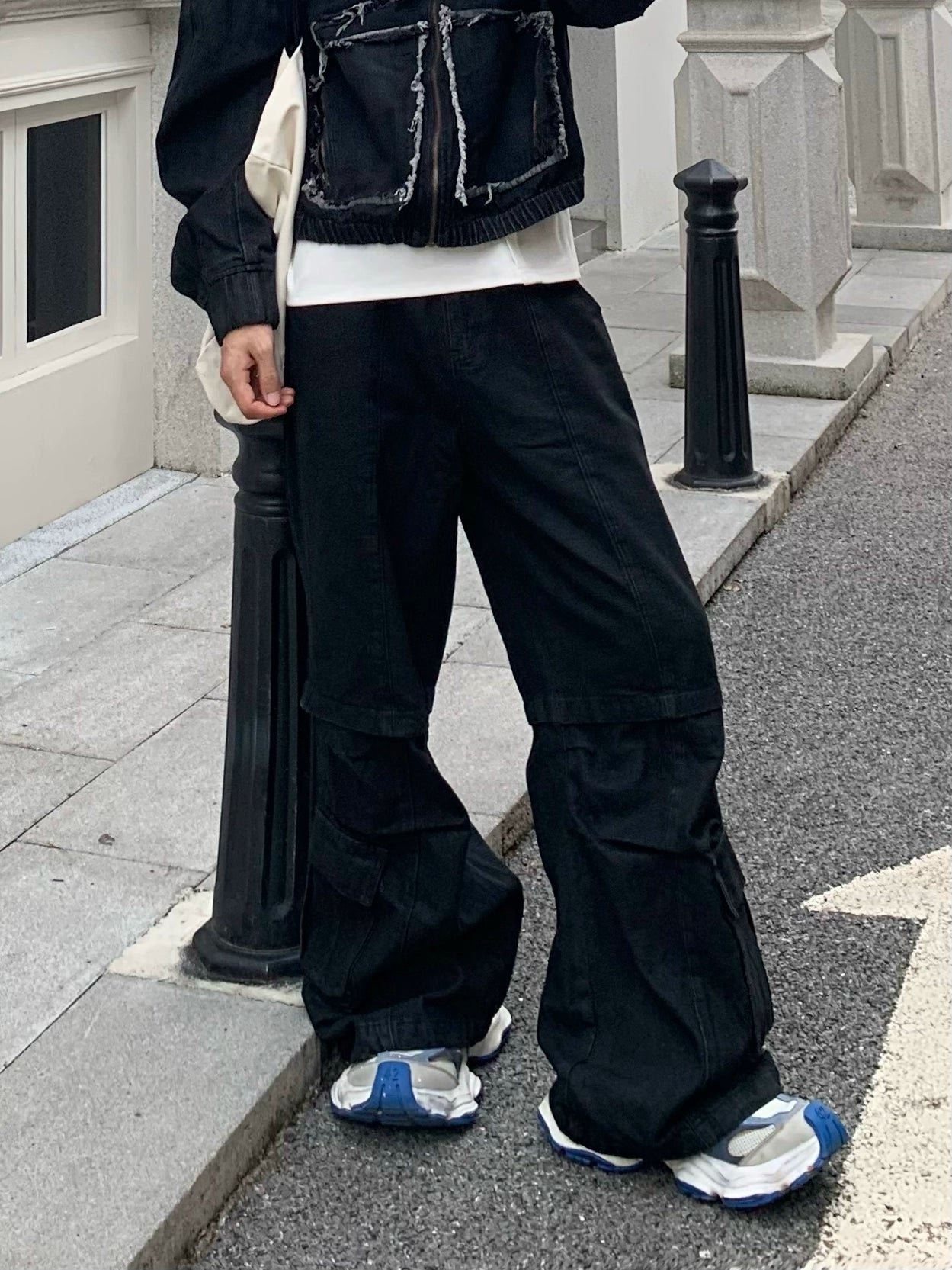 Metal Zipper Panel Denim Jacket & Wide Leg Pants Setup WN19827