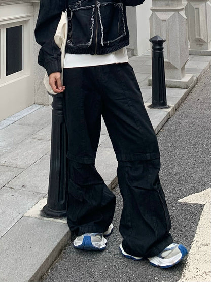 Metal Zipper Panel Denim Jacket & Wide Leg Pants Setup WN19827