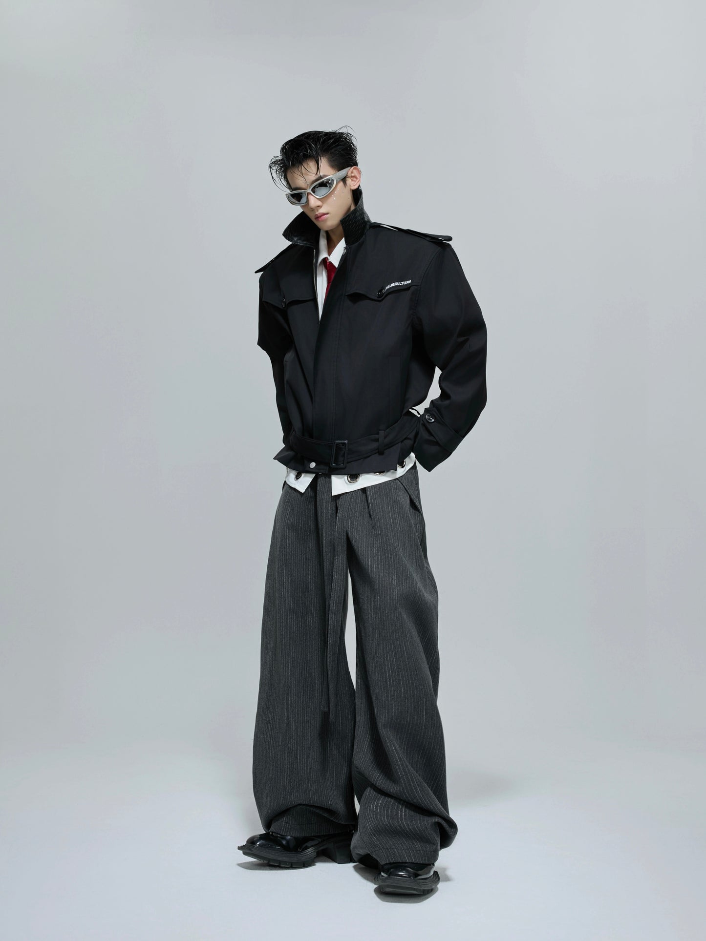 Woven Mix PU Leather Colorblock Short Trench Jacket WN21687