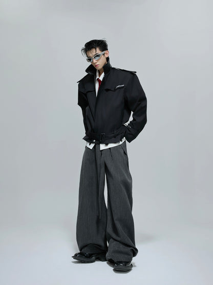 Woven Mix PU Leather Colorblock Short Trench Jacket WN21687