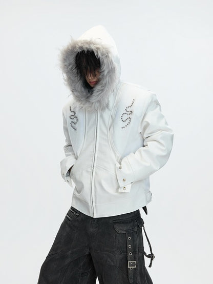 Fake Fur Collar PU Leather Hooded Heavyweight Puffer Jacket WN22618